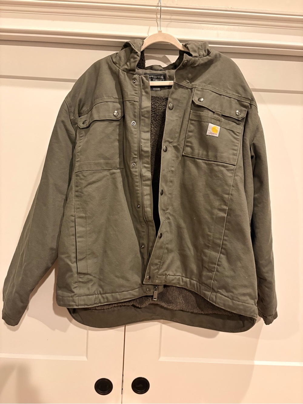Carhartt Olive Green/Gray Sherpa-Lined Hooded Work Jacket